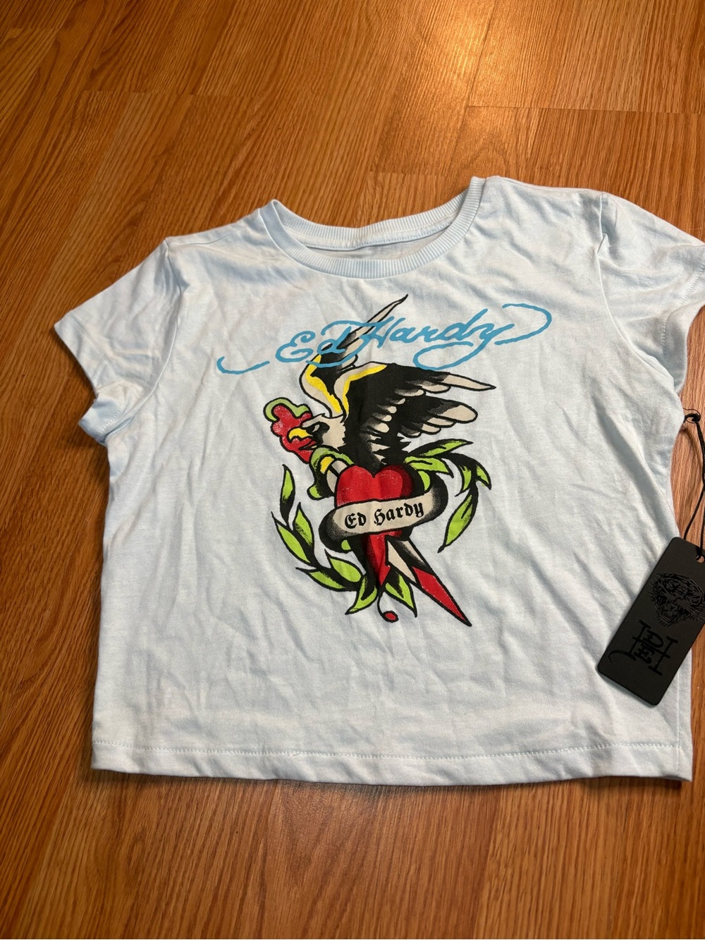 Ed Hardy Light Blue Girls' Short Sleeve Tee with Heart & Eagle Graphic - Picture 3 of 4